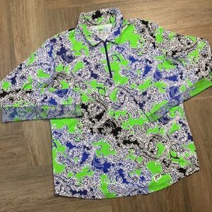 IBKUL Paisley Print 1/4 Zip Golf Pullover‎ Womens XL Green Black Resort UPF50
